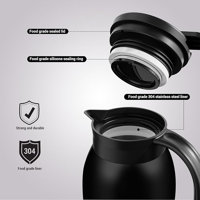41 Oz Thermal Coffee Carafe Stainless Steel Insulated Thermos Double Wall Vacuum Flask Leak-Proof Thermos for Travel Office School Party Camping Use Black
