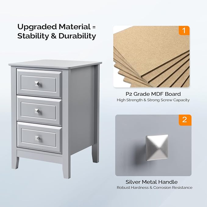 Bonnlo Gray Nightstand with 3 Drawers, Modern Night Stand - Image 3