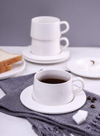 Kanwone Porcelain Stackable Cappuccino Cups with Saucers - 8 Ounce for Specialty Coffee Drinks, Cappuccino, Latte, Americano and Tea - Set of 4, White