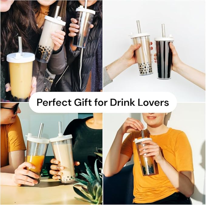 Reusable Boba Cup with Resealable Lid Plug - 17 Oz Double Wall Insulated | Smoothie Tumbler | Wide Stainless Steel Straw For Bubble Tea, Boba Pearls - White