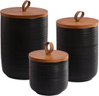 Food Storage Jar Strong Ceramic Storage Canisters with Airtight Wooden Lid,Kitchen Storage Containers for Serving Coffee Beans, Tea, Sugar, Salt, Spices (Black three-piece set)