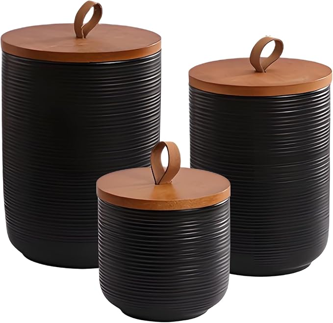 Food Storage Jar Strong Ceramic Storage Canisters with Airtight Wooden Lid,Kitchen Storage Containers for Serving Coffee Beans, Tea, Sugar, Salt, Spices (Black three-piece set)