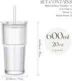 KEMORELA 6-Pack Ribbed Glass Tumblers with Lids & Straws – Vintage Style Iced Coffee Cups, Durable Smoothie & Cocktail Drinking Glasses, Reusable Clear Glassware for Home, Cafe, Office (6)