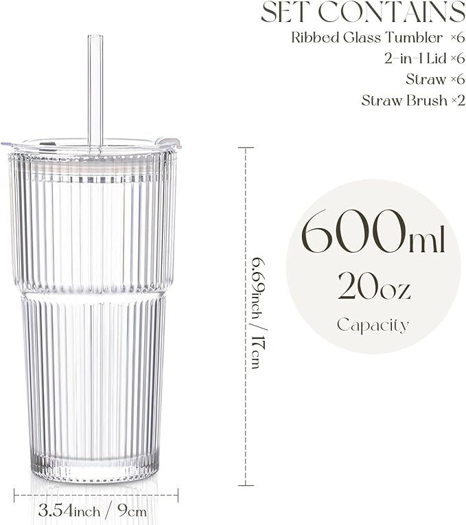 KEMORELA 6-Pack Ribbed Glass Tumblers with Lids & Straws – Vintage Style Iced Coffee Cups, Durable Smoothie & Cocktail Drinking Glasses, Reusable Clear Glassware for Home, Cafe, Office (6)