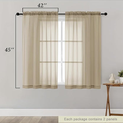 Taupe Sheer Curtains for Bedroom Living Room 45 Inch Length 2 Panels, Soft Airy - Image 2