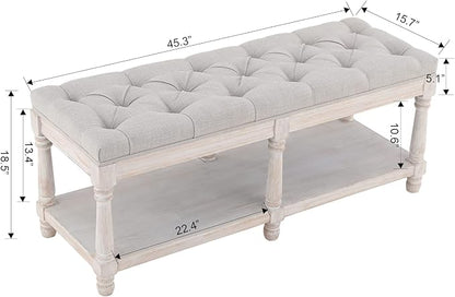 Farmhouse Storage Bench Wooden Entryway Upholstered Tufted Ottoman Bench - Image 2