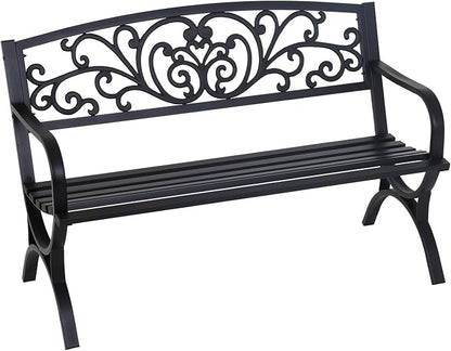 FDW Outdoor 50 Inches Garden Bench, Slatted Seat Armrests Floral Design Backres by FDW