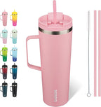 BJPKPK Insulated Tumbler with Handle, 30oz Insulated Tumblers with Lid and Straw, Stainless Steel Metal Water Bottles, Coffee Travel Mugs, Cups, Light Pink