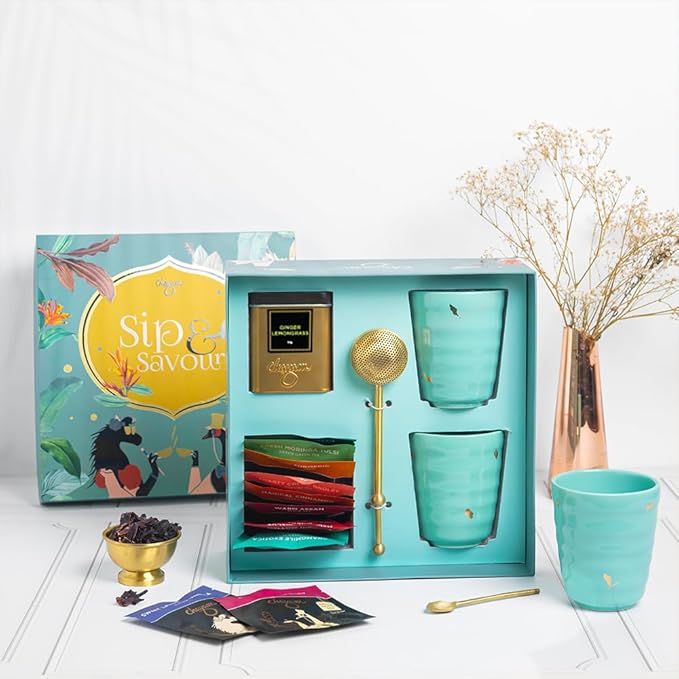 CHAYAM Tea Lover's Luxury Gift Basket with Cups & Infuser | 10 Assorted Tea Bags, Ginger Lemongrass Herbal Loose Leaf 50g/1.76oz, 2 Mugs & Lead-Free Premium Brass Infuser | Self-Care Gifts for Mom and Her