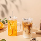 26oz Large Ribbed Glass Tumbler with Handle and Lid - Set of 2, Clear Glass Cups with Reusable Straws, Vertical Striped Design - Perfect for Iced Coffee, Tea, Smoothies, and Cocktails