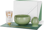 ZENS Matcha Whisk Set, 15oz Ceramic Matcha Bowl with Spout and Bamboo Whisk, (Chasen Holder) Scoop & Tea Towel, 5pcs Matcha Kit for Matcha Lovers, Emerald Green