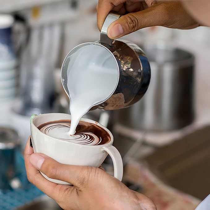Milk Frothing Pitchers-12oz/350ML Stainless Steel Steaming Pitchers, Scale Coffee/Milk/Cappuccino/Latte Art Barista Steam Pitchers, Milk Jug Cup with Decorating Pen-Silver