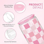 Checker 16 Oz Can Glass Tumbler with Acrylic Lid and Straw - Iced Coffee Cups for Women, Aesthetic Glass Cup Gift for Birthday Christmas