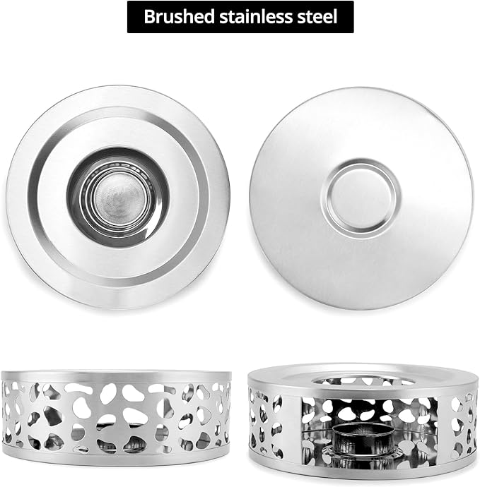 QWORK Tea Kettle Warmer, 4 Pack Brushed Stainless Steel Kettle, Hollow Frame, with Tea Candle Holder, Fits Most Teapots, Silver