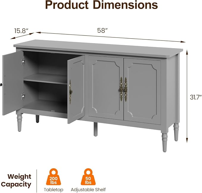 FansaFurn Sideboard with 4 Doors, Mid-Century Console Table with Adjustable - Image 2