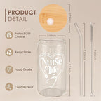 SANDJEST Nurse Life Glass Can Cup with Lid & Straw, Iced Coffee Aesthetic Cups, Idea Gift for Christmas Birthday Mother Day Nurse Week, Gifts for Women Friends, 16oz