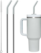 Metal Straw with Silicone Tip for 30oz Stanley Cup, 2 Pcs Stainless Steel Straws Replacement for Stanley 30 oz Adventure Quencher Travel Tumbler Cup, 1 Straw Brush (Light Gray)