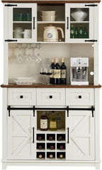 AMERLIFE 72" Coffee Wine Bar Cabinet with Sliding Barn Door, Farmhouse Kitchen Sideboard, Buffet Storage Table, 3 Drawers, LED Lights, Tall Hutch Home Bar for Dining Room, White