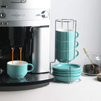 Sweejar Porcelain Cappuccino Cups with Saucers and Metal Stand, 8 Ounce Stackable Espresso Cups for Specialty Coffee Drinks, Latte, Americano, Tea - Set of 4 (Turquoise)