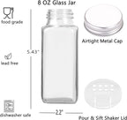 SWOMMOLY 25 Glass Spice Jars 8 oz Empty Spice Bottles with 713 Spice Labels, Chalk Marker and Funnel Complete Set. 25 Square Seasoning Containers with Airtight Cap, Pour/sift Shaker Lid