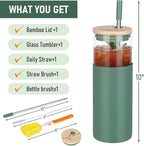 Glass Tumbler w/Lids & Straw:24oz Reusable Mug w/Bamboo Lid & Stainless Steel Straw-BPA-Free, Leak-Proof,Dishwasher Safe for Coffee,Smoothies, Hot Beverages, Travel, Office, Home Use,4-PK