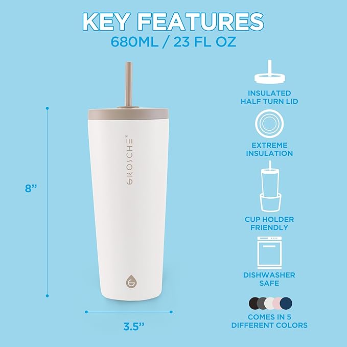 GROSCHE Jasper Insulated Stainless Steel Tumbler With Straw – Travel Cup with Lid, Extreme Insulation & Sleek Design, 23 oz - White