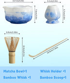 Natural Crystal Flower Matcha Set - 4 Pcs Food Grade Matcha Kit with Spouted Bowl, Matcha Whisk, Scoop and Chasen Holder - Matcha Tea Ceremony Gift for Matcha Lovers (Mist Azure)