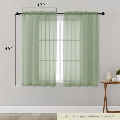 Sage Green Sheer Curtains for Bedroom Living Room 45 Inch Length 2 Panels - Image 2