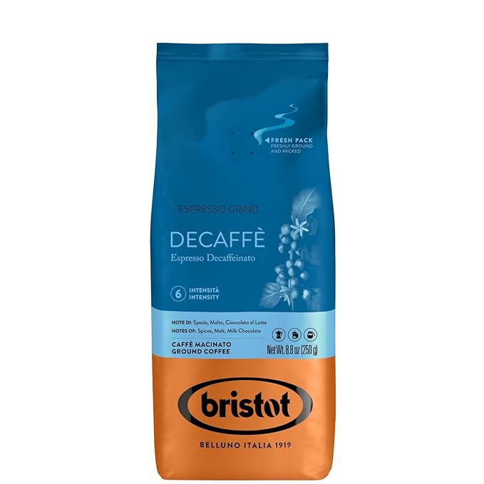 Bristot Decaf Ground Espresso – Medium Roast Italian Coffee – Smooth & Bold Flavor – 8.8 oz (250g)