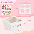 OAMCEG 80 Pack Cookie Boxes with Window 6x6x3 Inches White Cupcake Boxes, Bakery Treat Boxes with Stickers & Twine for Pastry, Desserts, Strawberries, Cupcakes, Gift Giving