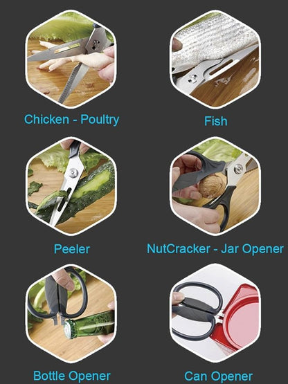 Kitchen Scissors - Heavy Duty Shears for Cutting Chicken, Poultry, Food, Meat - Black Handle