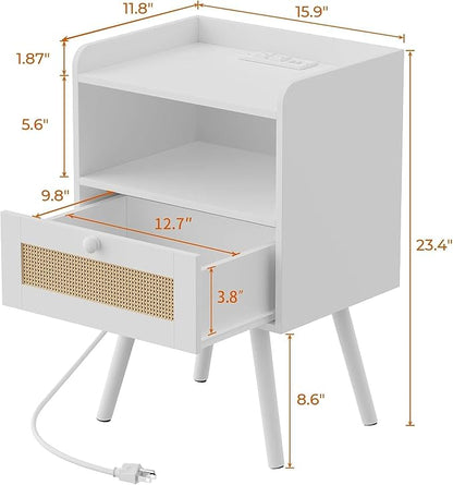 SUPERJARE Nightstand with Charging Station & Rattan-Like Decor Drawer, Rattan - Image 3