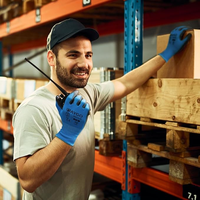 KAYGO Safety Work Gloves PU Coated, 12 Pairs KG11PB, Seamless Knit Glove with Polyurethane Coated Smooth Grip on Palm & Fingers, for Men and Women, Ideal for General Duty Work (Large,Blue)
