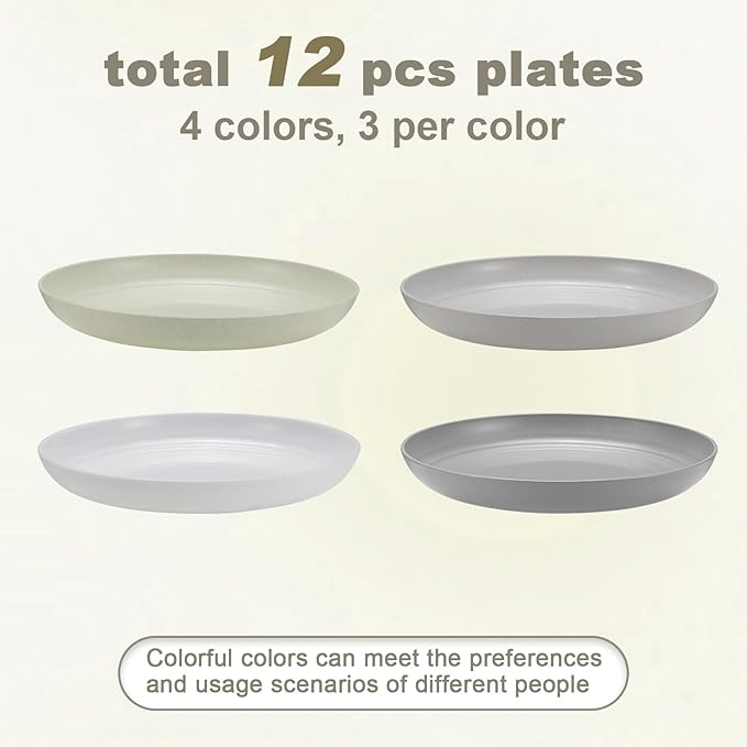 12 Pcs Unbreakable Deep Dinner Plates Set, 9 inch Reusable Plastic Wheat Straw Plates, Microwave and Dishwasher Safe Plate for Kitchen, Lightweight Plate for Dessert, BPA Free, 4 Colors