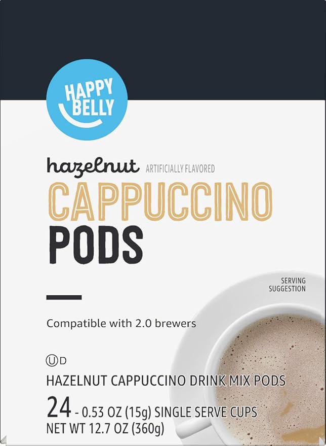 Amazon Brand - Happy Belly Light Roast Cappuccino Coffee Pods, Hazelnut Flavored, Compatible with K-Cup Brewers, 24 Count (Pack of 2)