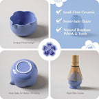 Matcha Set, 8Pcs Floral Ceramic Matcha Set with Matcha Whisk, Holder, Scoop, Scoop Rest, Sifter, Spoon and Tea Towel - Thoughtful Matcha Whisk Set Gift for Matcha Lovers (Blue)