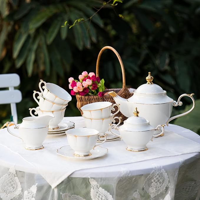 ACMLIFE Tea Sets for Adults Fine Bone China Tea Set for 6, Porcelain Teapot Sets for Adults 24K Gold, Afternoon Modern Cups and Saucers for Women Tea Party or Gifts Giving (White)