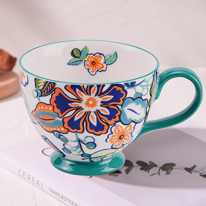 Vintage Flower Mugs – Large Ceramic Coffee Mug (15oz) – Cute Cereal Cup for Breakfast, Oatmeal Tea & Hot Drinks – Handmade Ceramic Cup with Floral Design