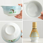 Matcha whisk and bowl set, ceramic matcha bowl with spout, matcha tea set for breakfast, matcha latte, perfect matcha set for ceremony 7 piece set (blue)