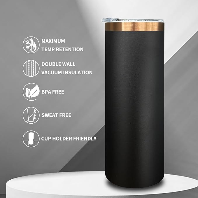 20 oz Skinny Tumblers Bulk 8 Pack, Stainless Steel Insulated Tumbler with Lids and Straws, Slim Double Wall Powder Coated Travel Coffee Mugs Reusable Cup for Hot Cold Drinks (Black,8 pack)