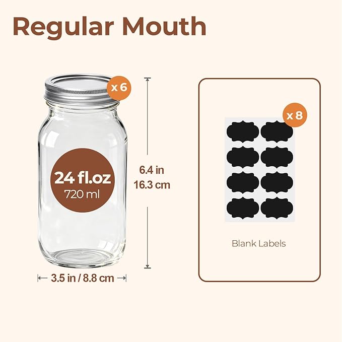ComSaf 24 oz Mason Jars Regular Mouth 6 Pcs, Large Canning Jars with Seal Bands, 24 oz Glass Jar with Lid for Jams, Sauces, Juice, Coffee, Pickling, Fruit, Dessert, Kitchen Storage
