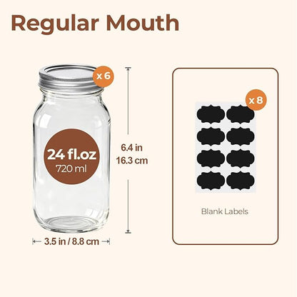 ComSaf 24 oz Mason Jars Regular Mouth 6 Pcs, Large Canning Jars with Seal Bands, 24 oz Glass Jar with Lid for Jams, Sauces, Juice, Coffee, Pickling, Fruit, Dessert, Kitchen Storage