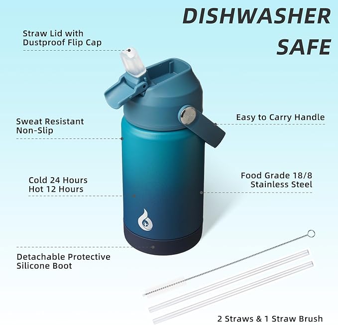 BJPKPK Insulated Water Bottle with Straw Lid, 12oz Thermos Water Bottles with Soft Nozzle, Flex Handle & Non-slip Boot, BPA Free Leak Proof Stainless Steel Metal Thermos, Tumblers, Cups,Vast