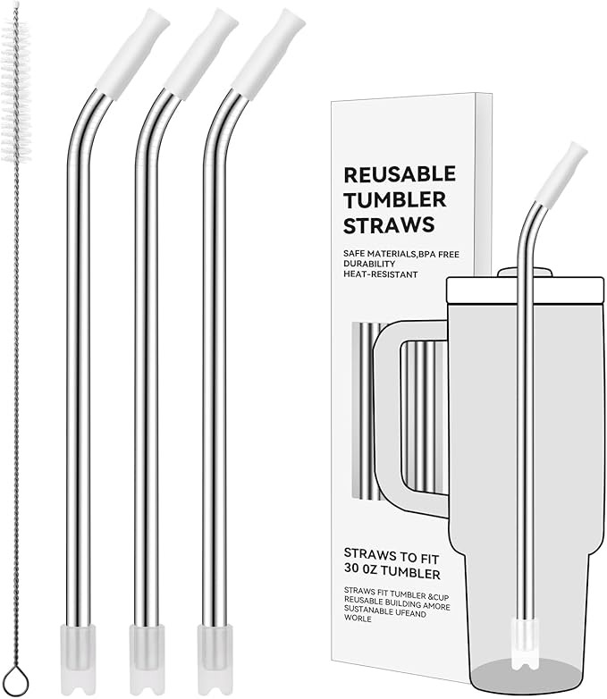 Reusable Stainless Steel Straws with Silicone Tip for Stanley 30oz, Metal Drinking Straws for 30oz Tumbler,3 Bent Tubes & 6 Tips& 1 Cleanr Brush (White)