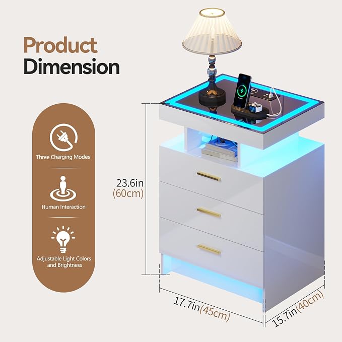 White Night Stand with Wireless Charging Station, Smart Bedside Table with 3 - Image 2