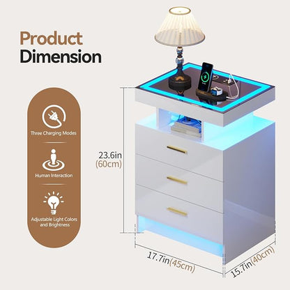 White Night Stand with Wireless Charging Station, Smart Bedside Table with 3 - Image 2