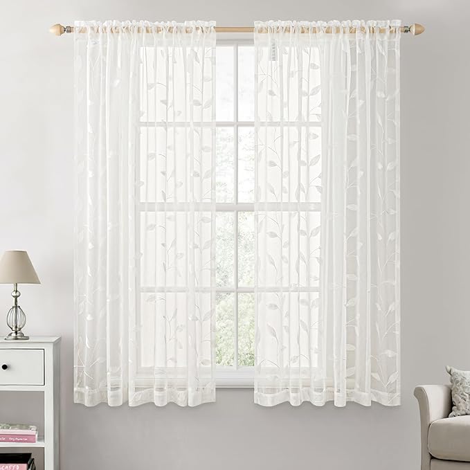 MIULEE Ivory Sheer Curtains 2 Panels Embroidered Leaf Patterned, W52 x L54 | by MIULEE