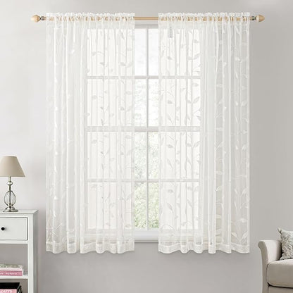 MIULEE Ivory Sheer Curtains 2 Panels Embroidered Leaf Patterned, W52 x L54 | by MIULEE