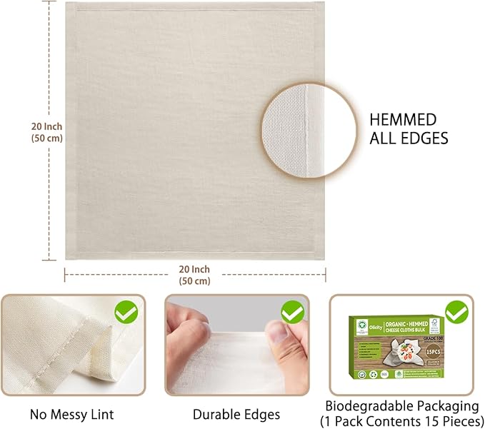 Organic Cheese Cloths, GOTS Certified, 15PCS, Grade 100, 20x20Inch Hemmed Cheese Cloth Fabric Reusable Fine Mesh Cloth, 100% Cotton Unbleached Muslin Cheesecloth for Straining, Cooking, Liquid, Tofu
