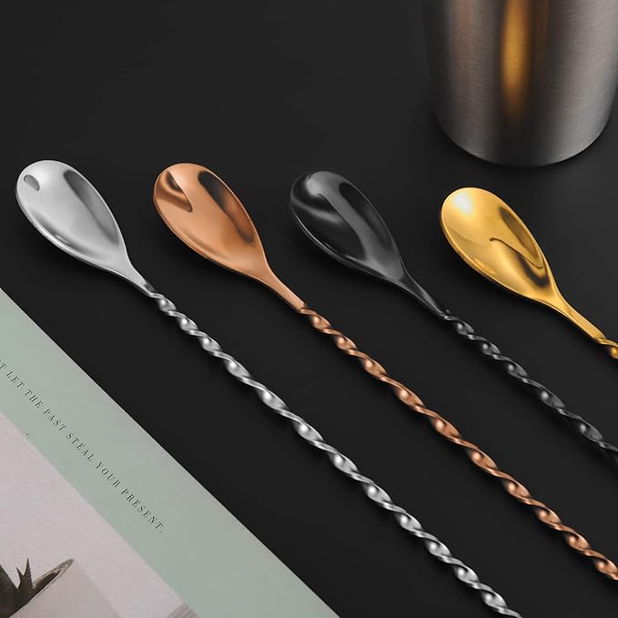AnSaw Silver 10-Inch Stainless Steel Cocktail Spoon with Leaf Handle - Perfect for Mixing & Layering Drinks in Tall Cups, Bar & Shakers - Durable Long Handle Bar Stirrer,1-Pieces
